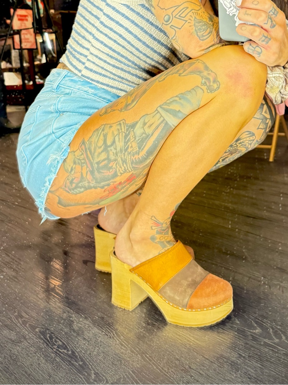 Swedish Hasbeens - Colorblock Platform Clogs - Orange / Brown / Tan - 40 / 9